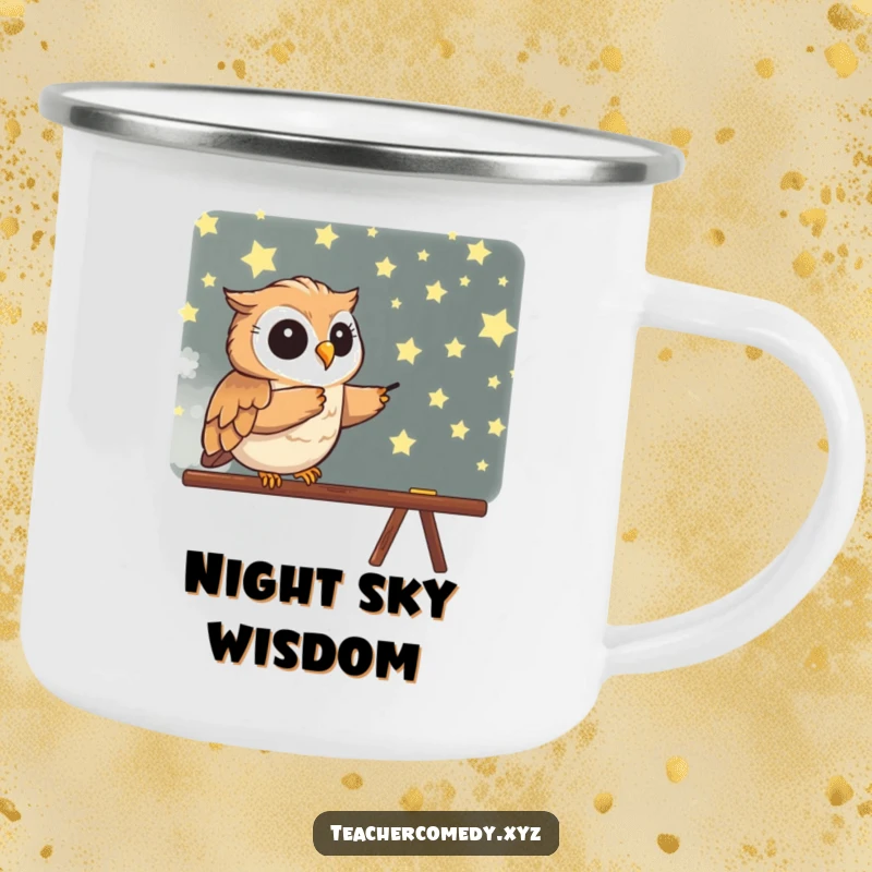 Funny camping mug showing a wise owl pointing at a blackboard of stars, perfect for enjoying drinks during outdoor adventures.