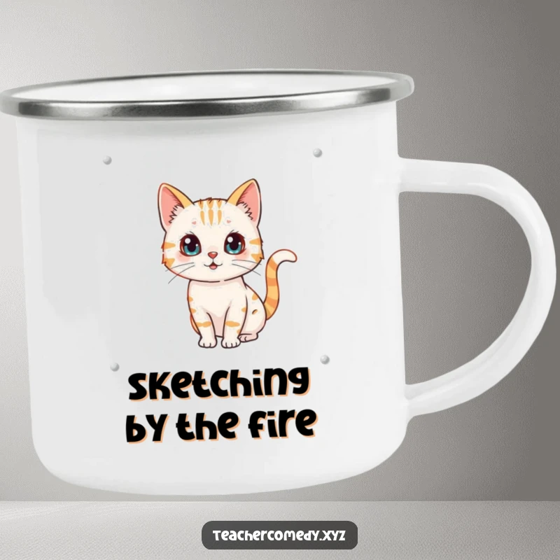 Funny enamel camping mug with a curious cat character drawing on a whiteboard, tail wagging happily.