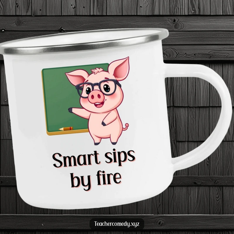 Funny camping mug with a cheerful pig wearing glasses, smiling and pointing at a chalkboard, ready for outdoor wisdom.