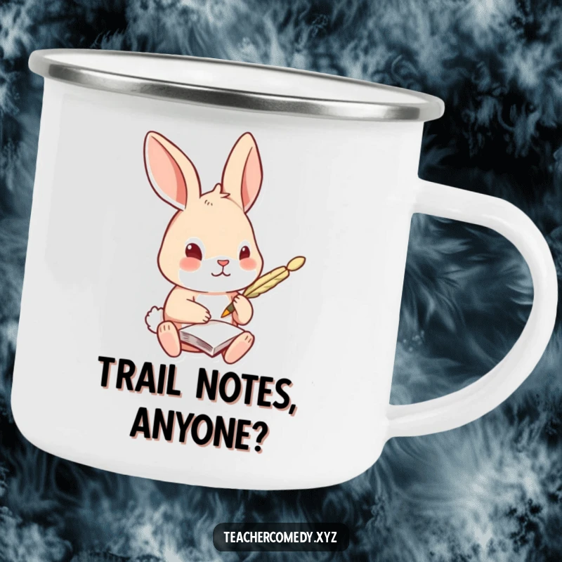 Funny Rabbit Camping Mug: A curious rabbit takes notes with a quill pen, a sturdy and cute mug for enjoying beverages during outdoor study.