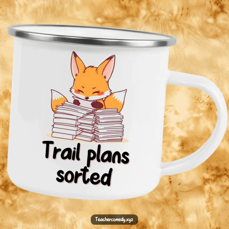 Funny fox camping mug with a determined fox organizing papers, perfect for outdoor enthusiasts and professionals.