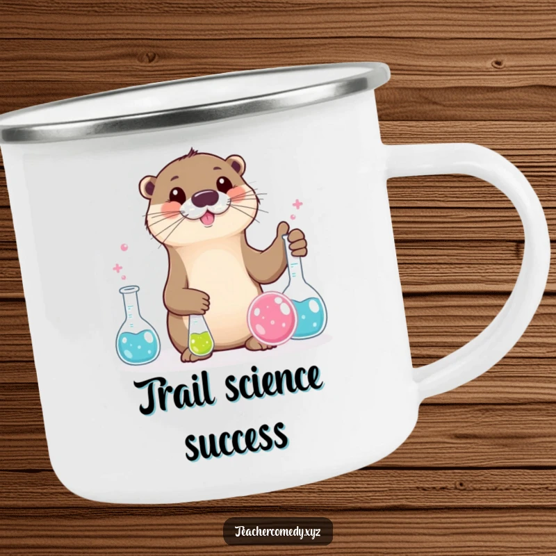 Funny otter character conducting a science experiment with bubbling beakers, durable funny camping mug.