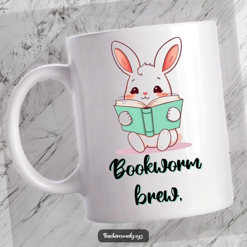 Funny kawaii rabbit holding a stack of open books, curious and studious, a delightful mug for bookworms.