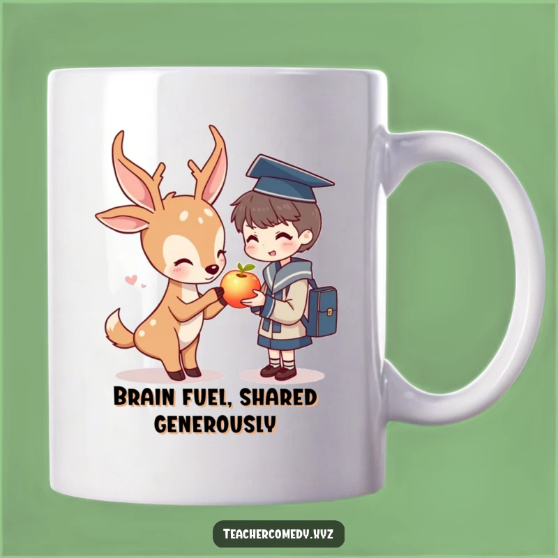 Funny Deer & Student Gift Mug: Gentle Character Shares Glowing Apple.