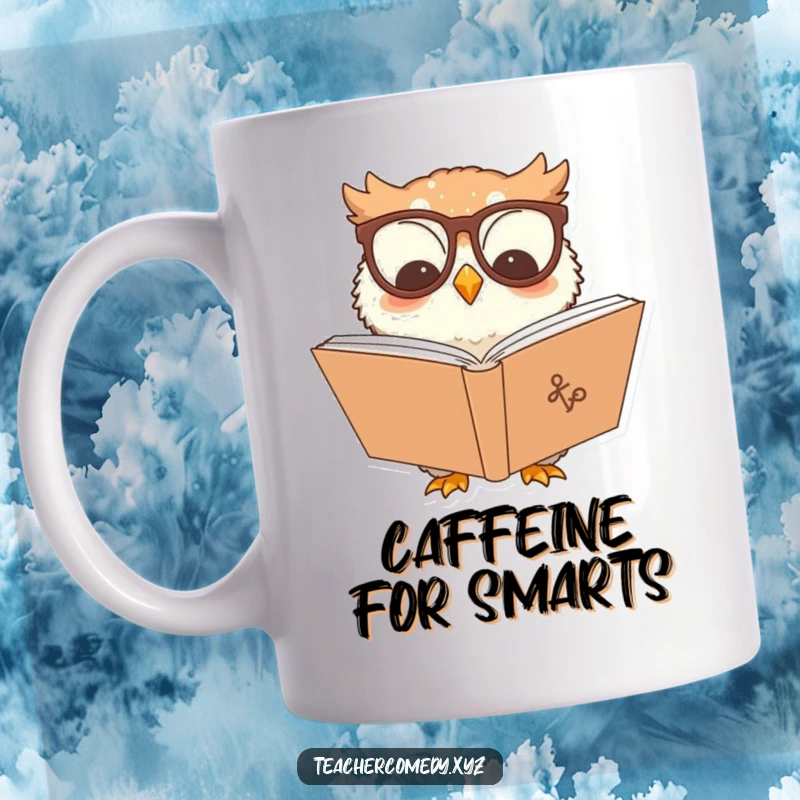 Funny owl character mug, wearing glasses and intently reading a large book, symbolizing wisdom and learning.