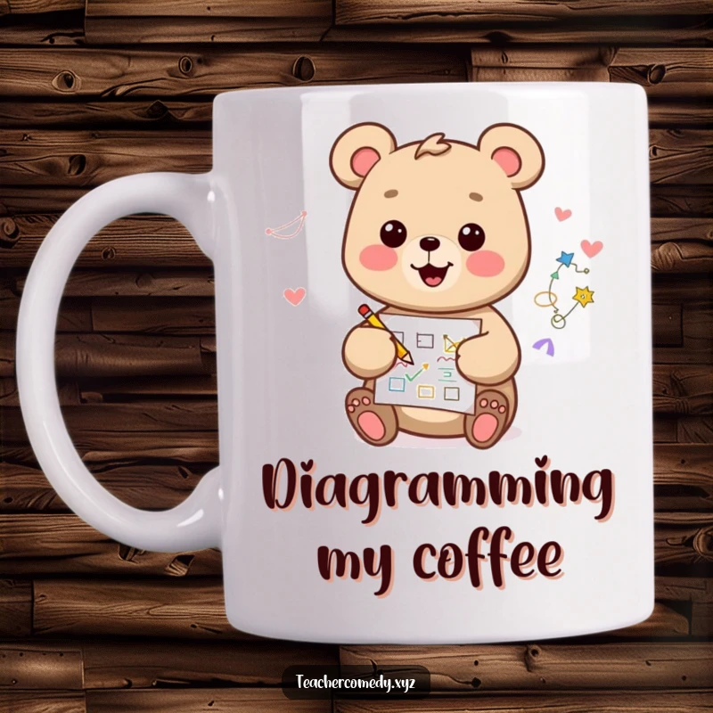 Funny kawaii bear mug, happy and creative, drawing a colorful diagram on paper, showcasing artistic and fun personality.