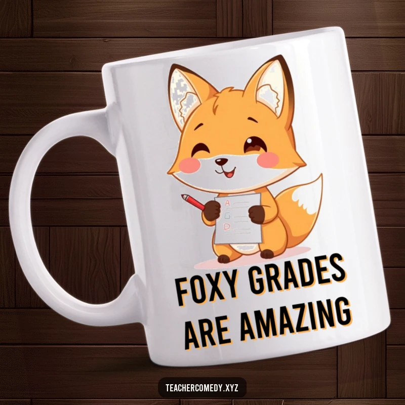 Funny mug with a happy fox teacher character holding a small red pen, grading papers with a focused yet cheerful expression.