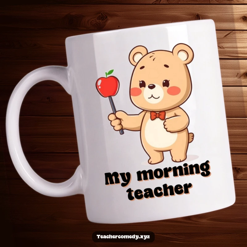Funny bear character mug, holding a pointer stick and pointing enthusiastically at a red apple.