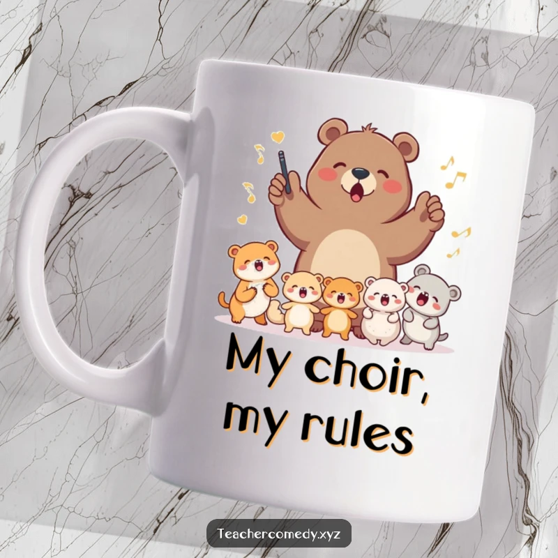Funny determined bear leading a chorus of small animals in song, creating a heartwarming and humorous scene on a ceramic mug.
