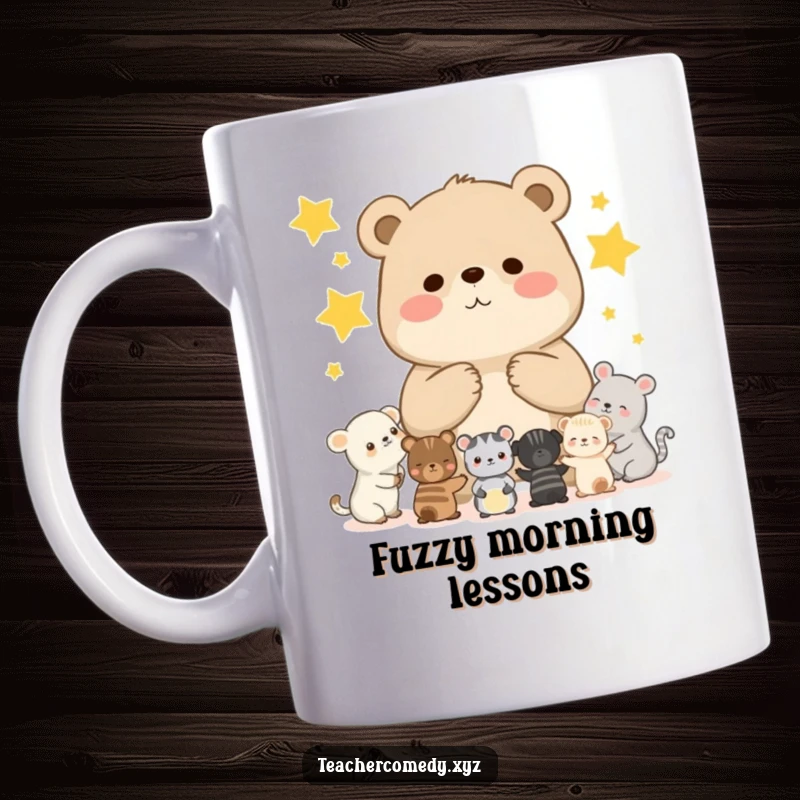 Funny mug featuring a chubby bear cub teaching smaller animals to count stars, creating an adorable and educational scene.