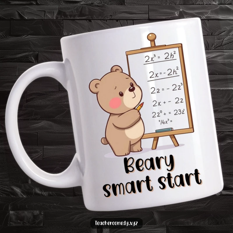Funny mug with a determined bear intensely scribbling complex equations on a whiteboard, showcasing a humorous take on academic effort.