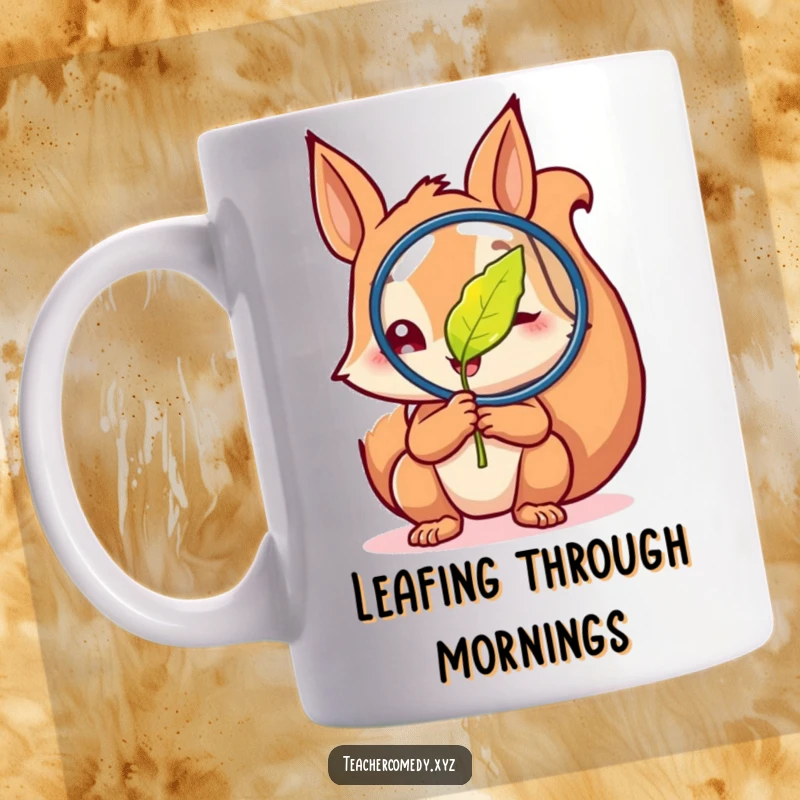 Funny mug featuring a curious squirrel examining a magnified leaf with glee, showcasing a passion for nature and scientific exploration.