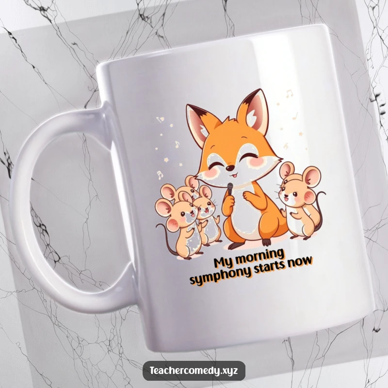 Funny mug with a clever fox enthusiastically conducting a choir of adorable, singing mice, creating a whimsical and musical scene.