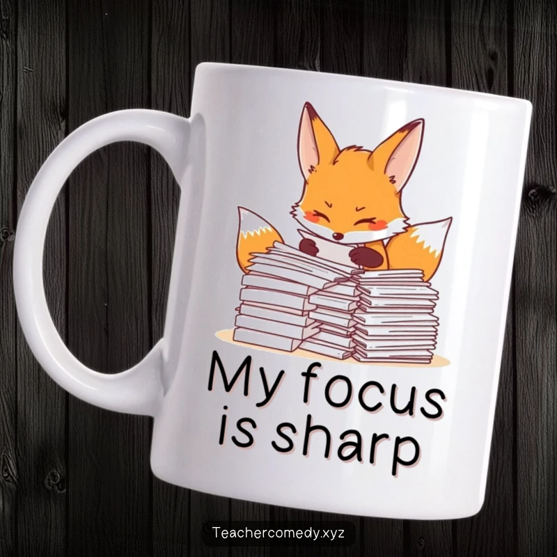 Funny fox mug showing a determined fox meticulously organizing a large pile of papers, symbolizing efficiency and humor.