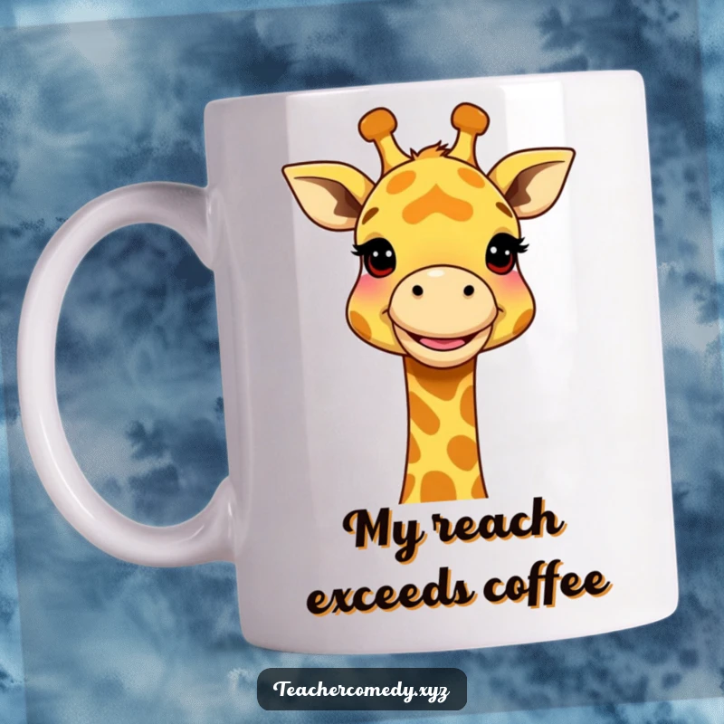 Funny Giraffe Big Idea Mug: A smiling giraffe uses its long neck to demonstrate a complex concept model, showing intelligence and humor.