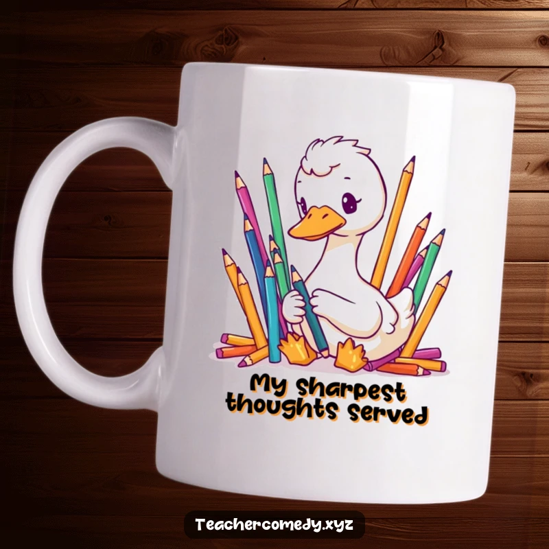 Funny mug showing a focused goose precisely organizing a pile of colorful pencils, embodying organized, humorous dedication.