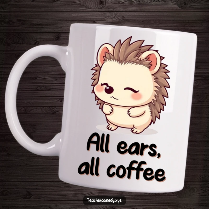 Funny Kawaii Hedgehog Mug: A content hedgehog listens intently with its ears perked, radiating attentiveness and gentle humor.