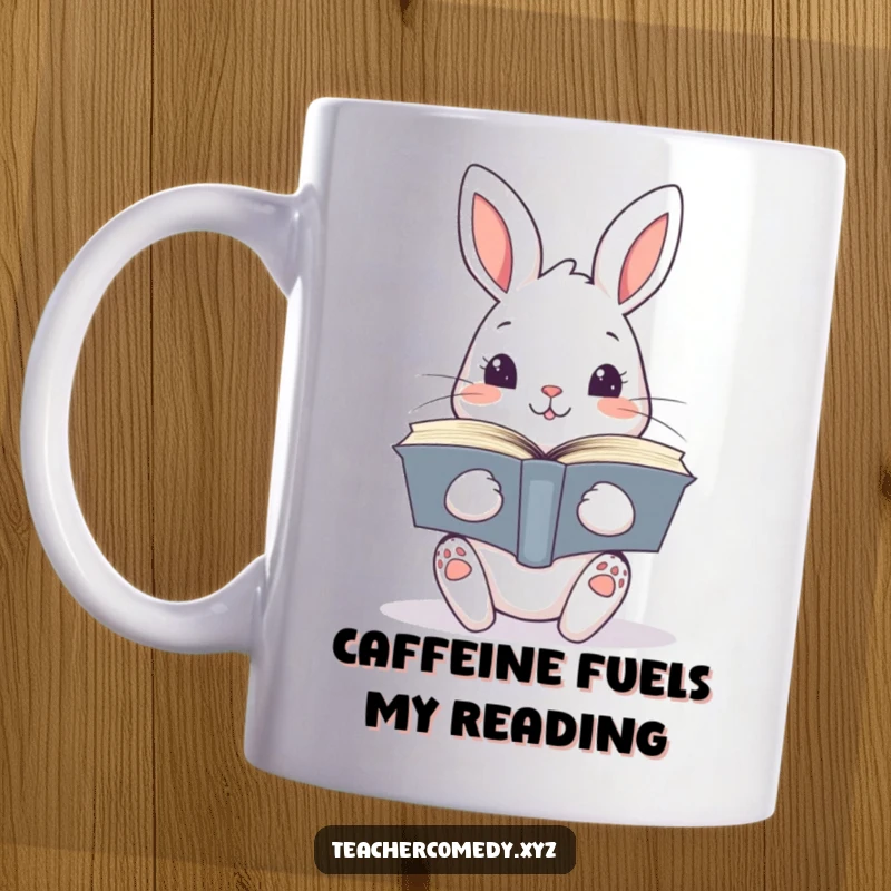 Funny kawaii rabbit with a curious expression, holding a tall stack of open books, symbolizing a love for reading, perfect mug gift.