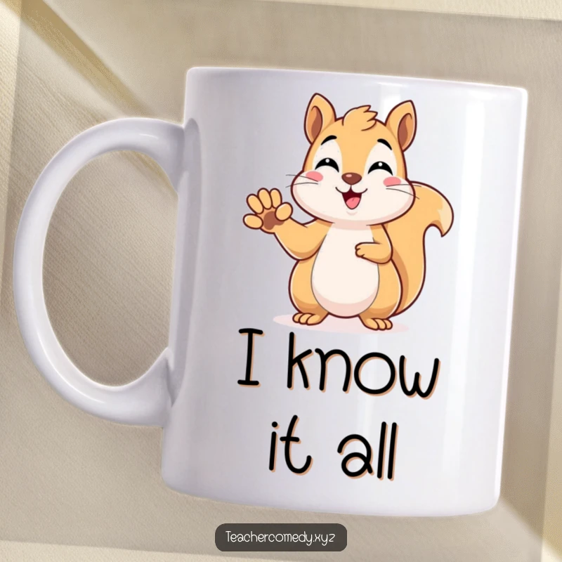Funny kawaii squirrel with a beaming smile, raising its paw eagerly to answer a question, embodying intelligence and enthusiasm, perfect mug gift.