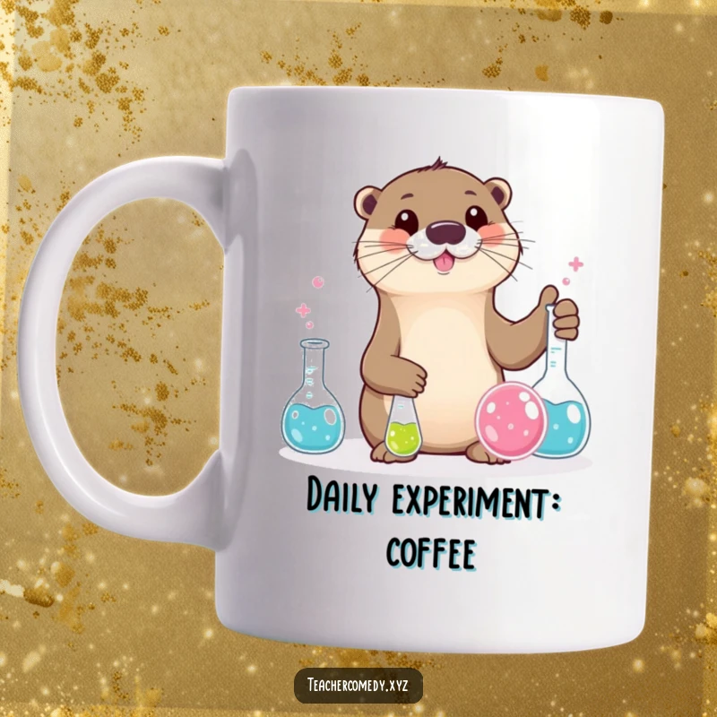 Funny otter character diligently conducting a science experiment with bubbling beakers, perfect funny mug.