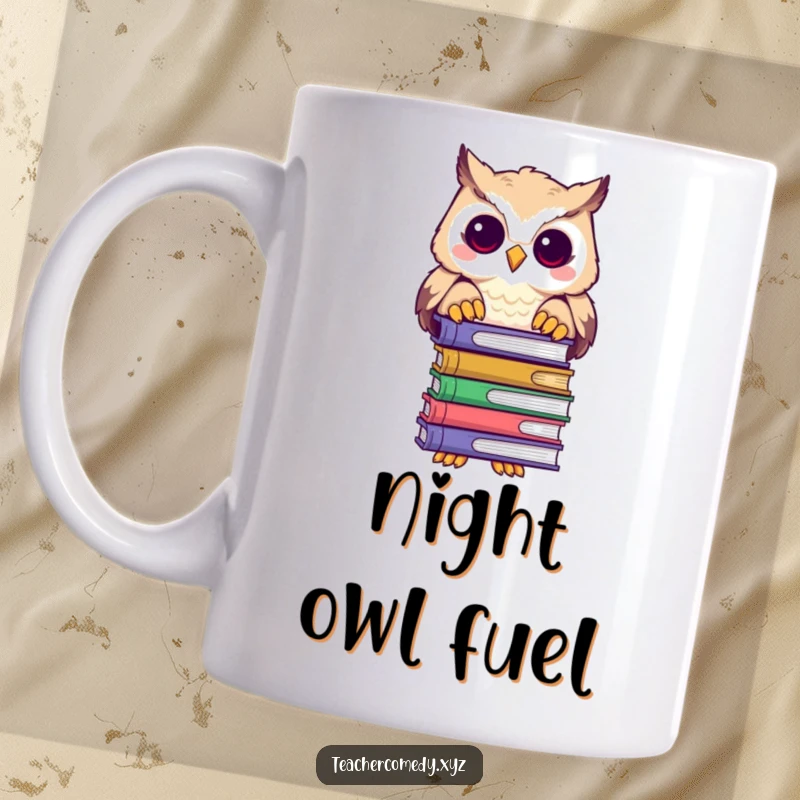 Funny mug with a playful owl character peeking over a tall stack of books, looking curious and wise.