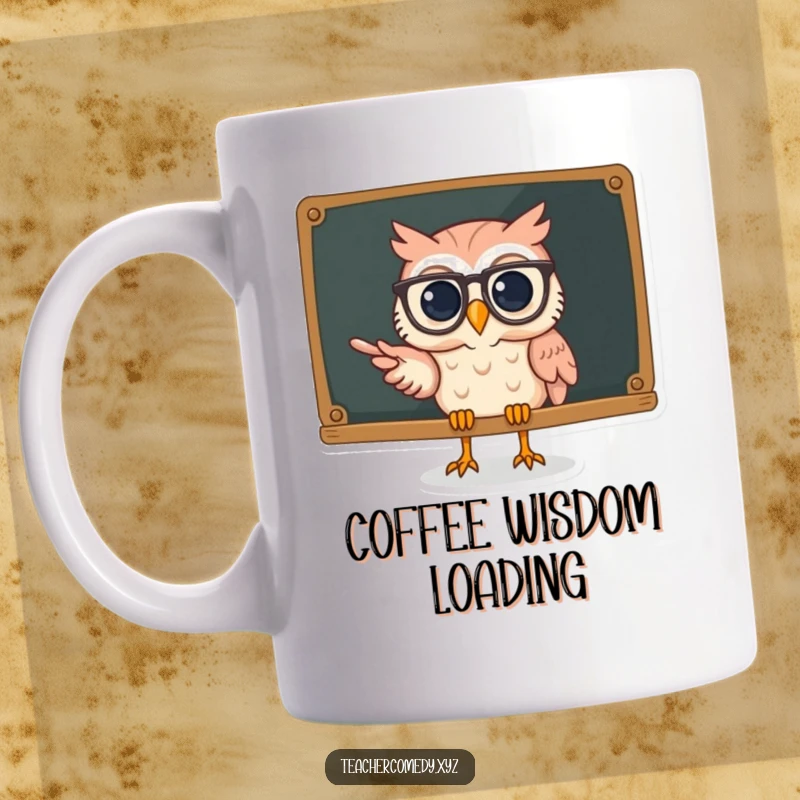 Funny owl mug featuring a cute owl wearing spectacles, enthusiastically pointing at a chalkboard, looking very learned.
