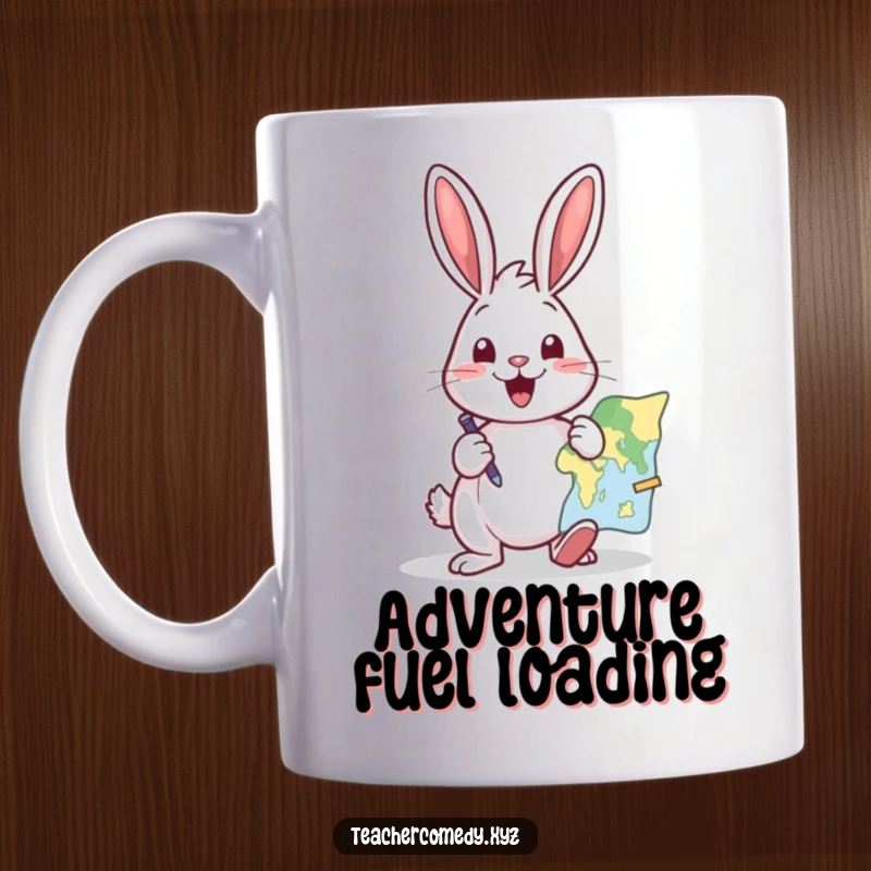 Funny mug with a cheerful rabbit excitedly tapping a map with a pointer, planning a humorous adventure.