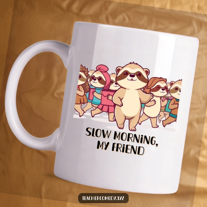 Funny Sloth Mug: A serene sloth calmly leads a class in a slow, steady, and determined march, symbolizing patience and progress.