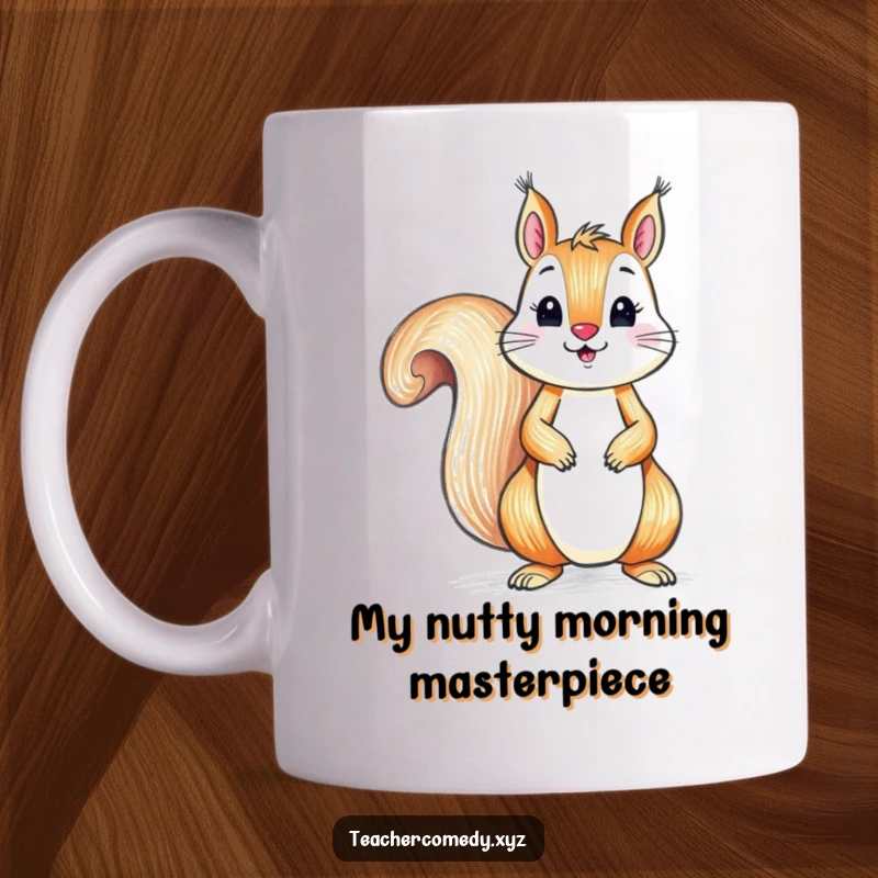 Funny mug showing a determined squirrel diligently drawing on a large paper with a crayon, embodying creative, humorous focus.