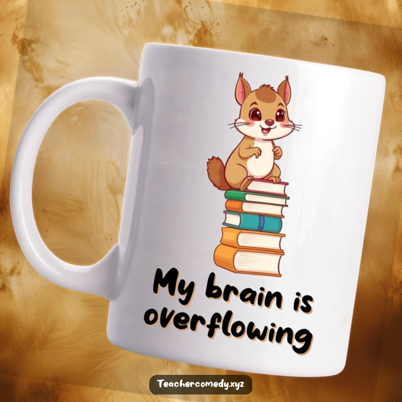 Funny mug featuring a determined squirrel proudly climbing a tall ladder made of stacked books, symbolizing ambition and knowledge.