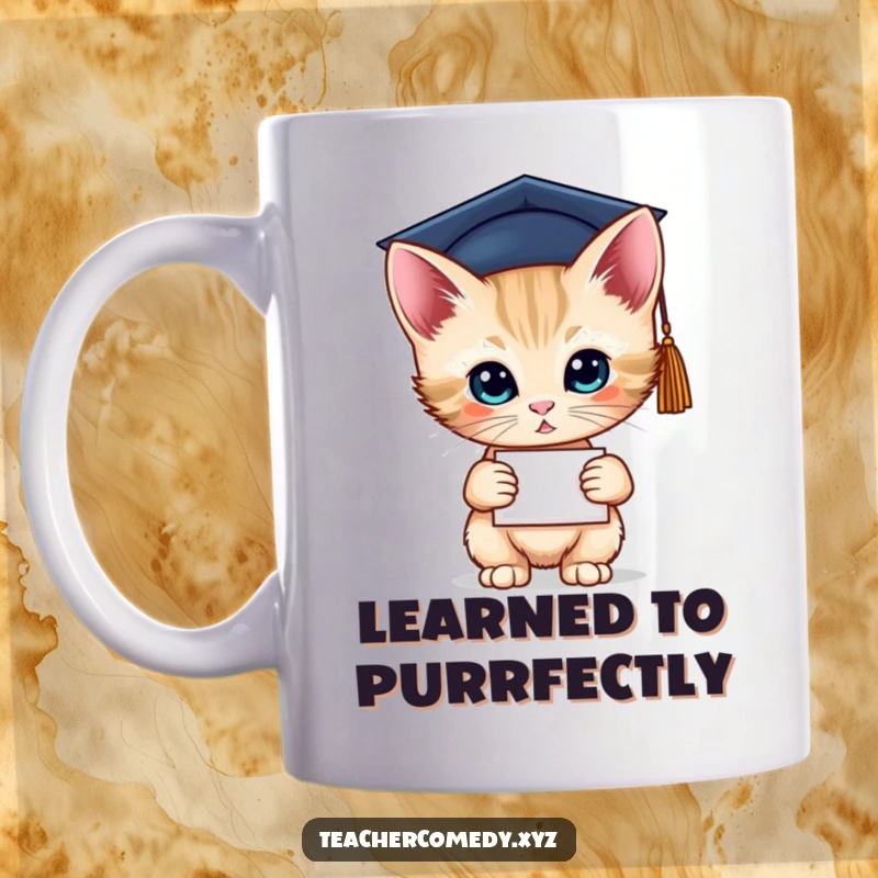 Funny mug featuring a curious kitten wearing a graduation cap and holding a diploma, celebrating academic success. A fun gift.