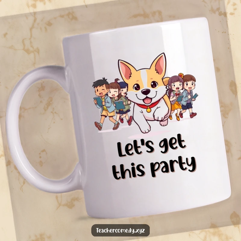 Funny mug featuring a determined dog leading a group of students in a cheerful activity, symbolizing leadership and fun.