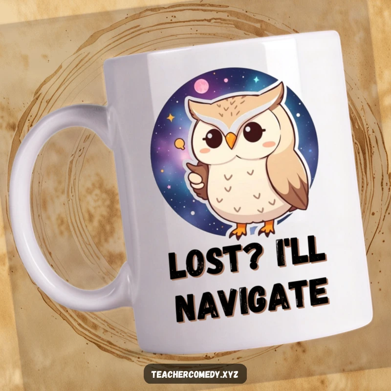 Funny Huffy Owl Mug: A grumpy owl points with intensity at a detailed map of the galaxy, full of cosmic humor.