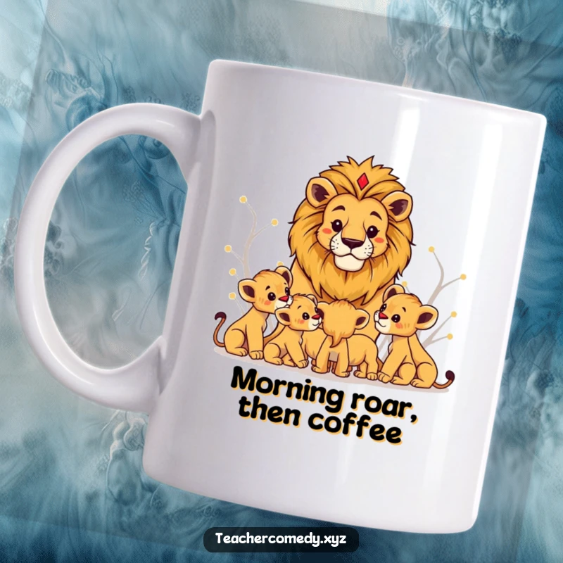 Funny lion king mug with a regal lion teaching attentive cubs, symbolizing leadership and knowledge sharing with humor.