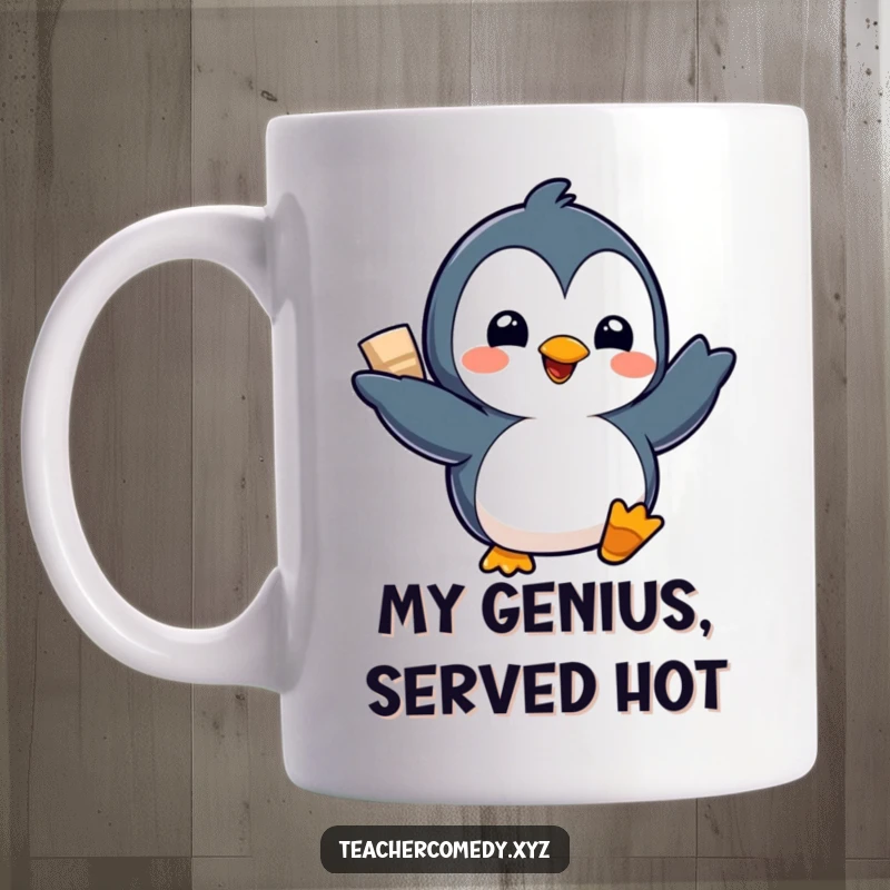 Funny Kawaii Penguin Mug: A delighted penguin proudly presents a project with a big smile and a flourish, radiating accomplishment and joy.