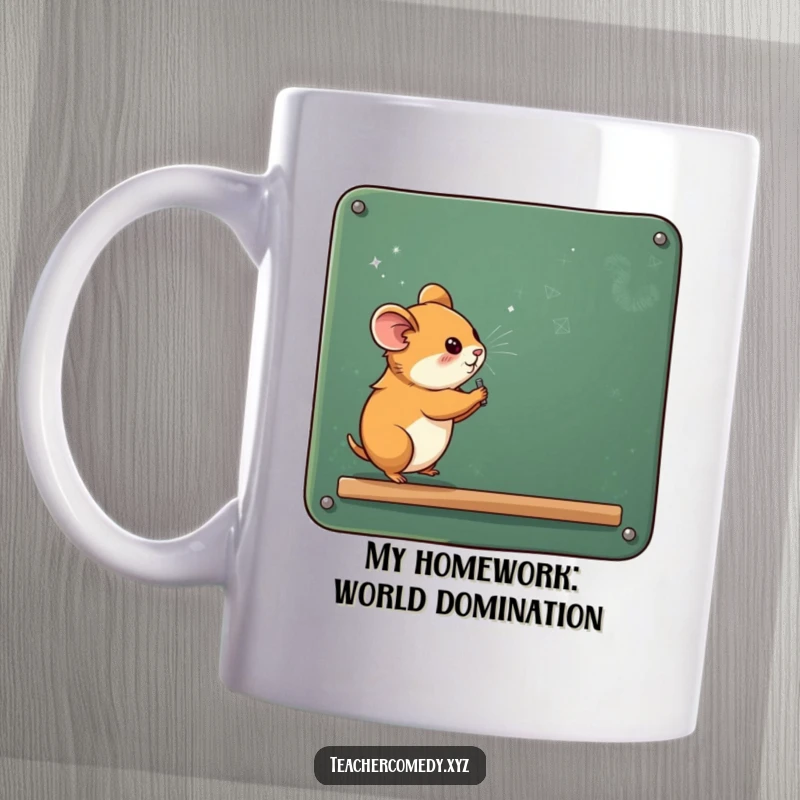 Funny hamster diligently writing on a massive chalkboard, covered in chalk dust, showcasing its curious and studious nature on a ceramic mug.