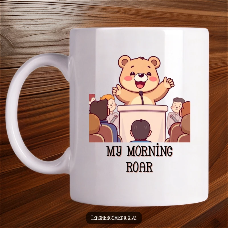 Funny mug showing a happy bear enthusiastically gesturing while speaking at a podium, symbolizing humorous public speaking.