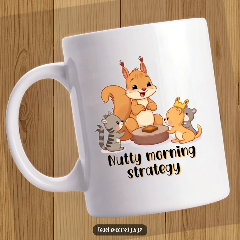 Funny squirrel mug with a cheerful squirrel teaching younger animals a game, symbolizing fun and playful education.