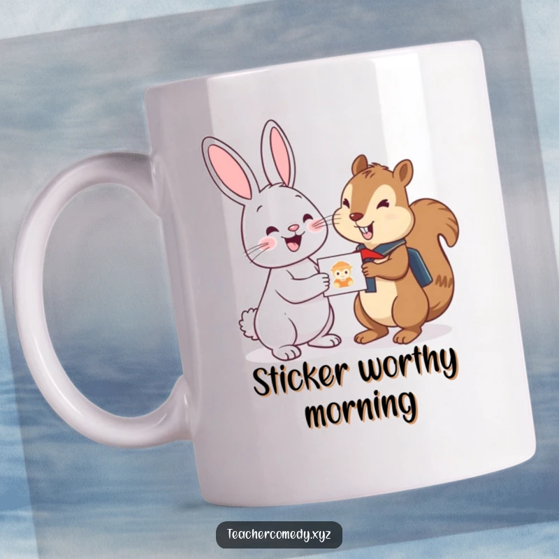Funny mug with a cheerful bunny handing a sticker to a happy, attentive student squirrel, celebrating academic success and cute interactions.