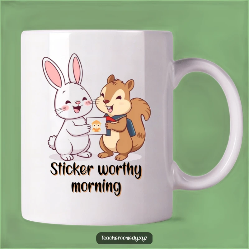Funny Bunny Sticker Gift Mug: Cheerful Bunny Rewards Eager Student Squirrel, Perfect Cute Present