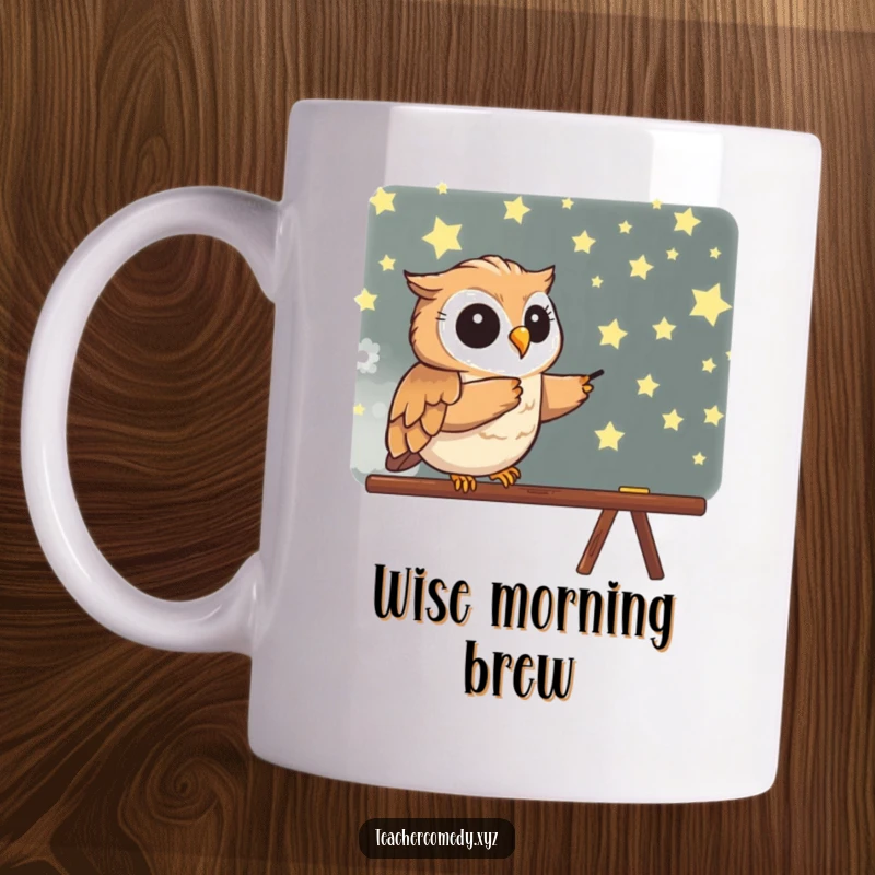 Funny mug featuring a wise owl pointing energetically at a blackboard filled with stars, symbolizing knowledge and cosmic wonder.