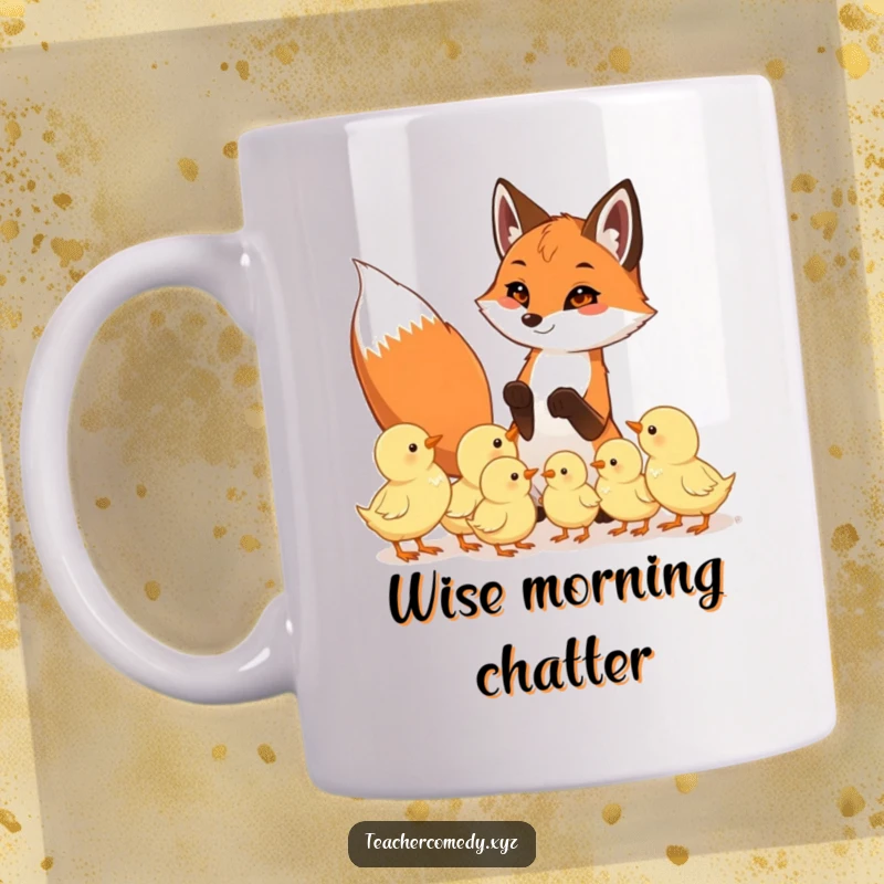 Funny mug depicting a playful fox teaching a group of eager chicks, showcasing a heartwarming and humorous educational moment between animals.
