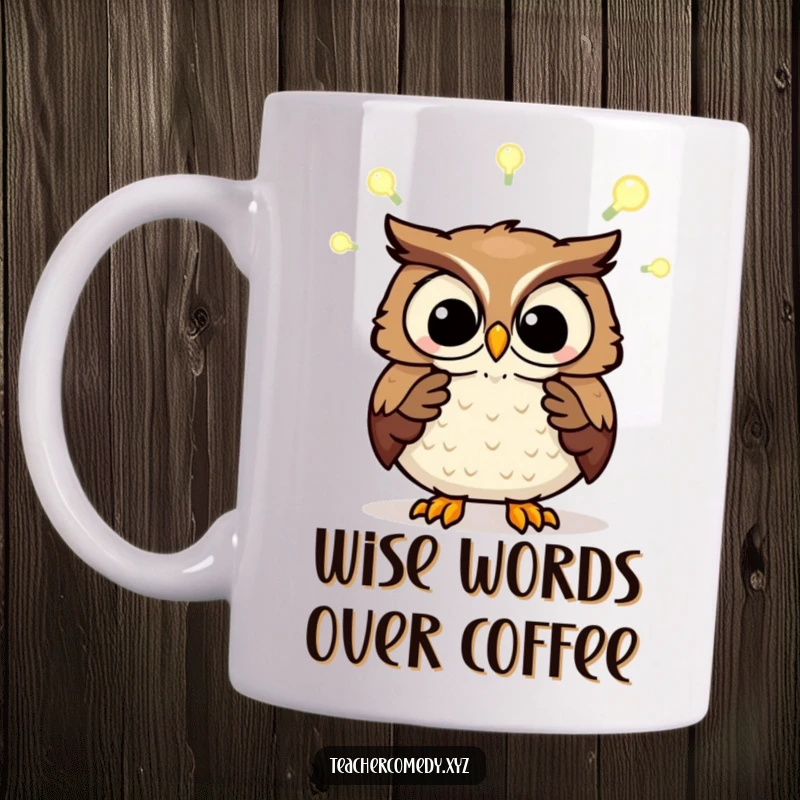 Funny mug showing a wise owl explaining a concept with glowing light bulbs above its head. Symbolizes ideas.