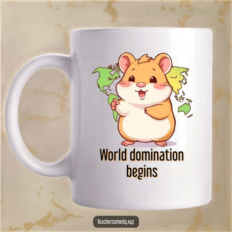 Funny Hamster Mug: A playful hamster points enthusiastically at a world map, symbolizing curiosity and a desire for global exploration.