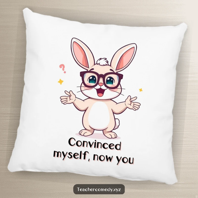 Funny pillow showing a bunny wearing spectacles, gesturing wildly to illustrate a point with great animation and humor.