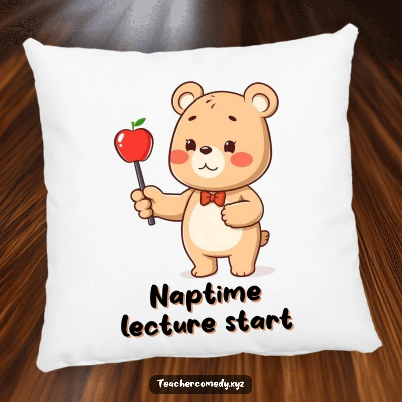 Funny bear character pillow, a soft cushion showing a bear pointing at an apple, adding comfort and humor.