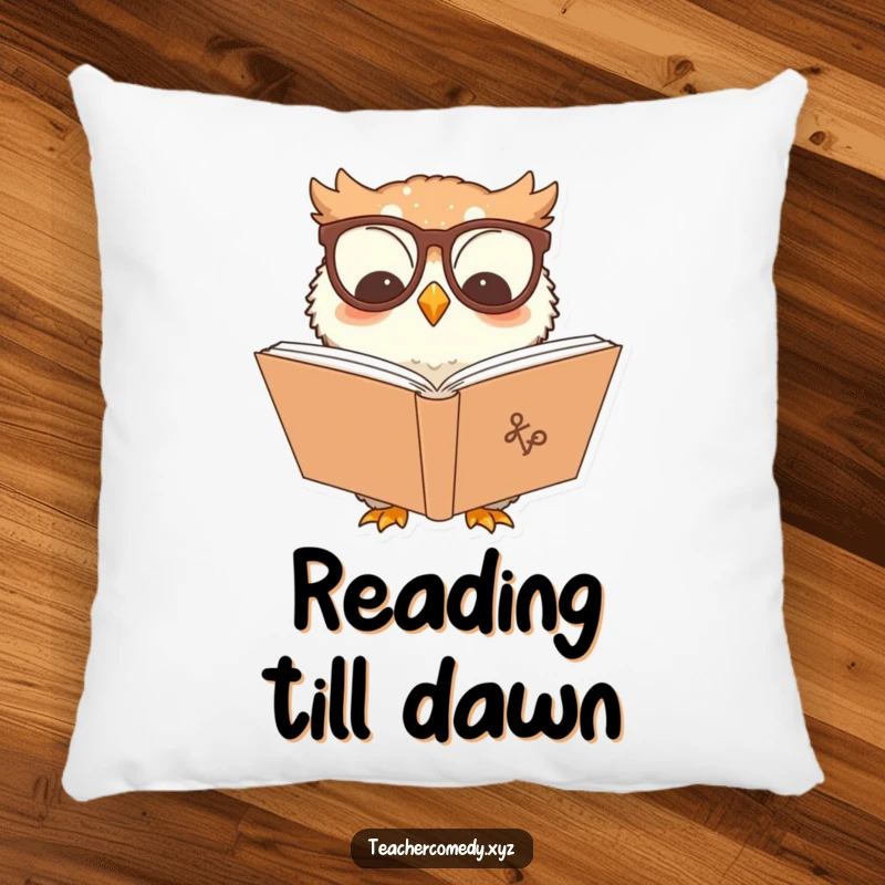 Funny owl character pillow, a soft cushion showing a wise owl with glasses reading a large book, adding comfort.