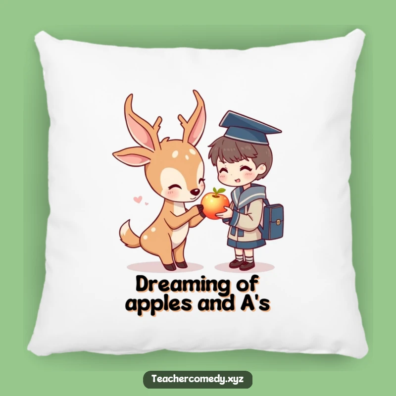 Funny Deer & Student Pillow: Cozy Comfort, Glowing Apple Wisdom.