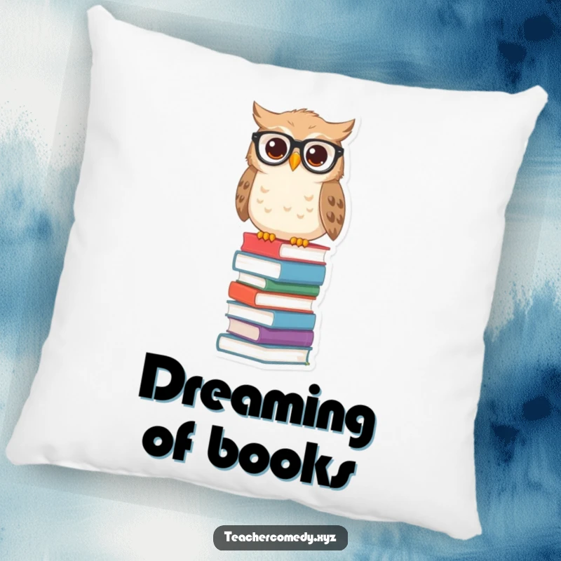 Funny owl pillow with spectacles on a tall stack of books, offering comfort and a humorous symbol of wisdom.