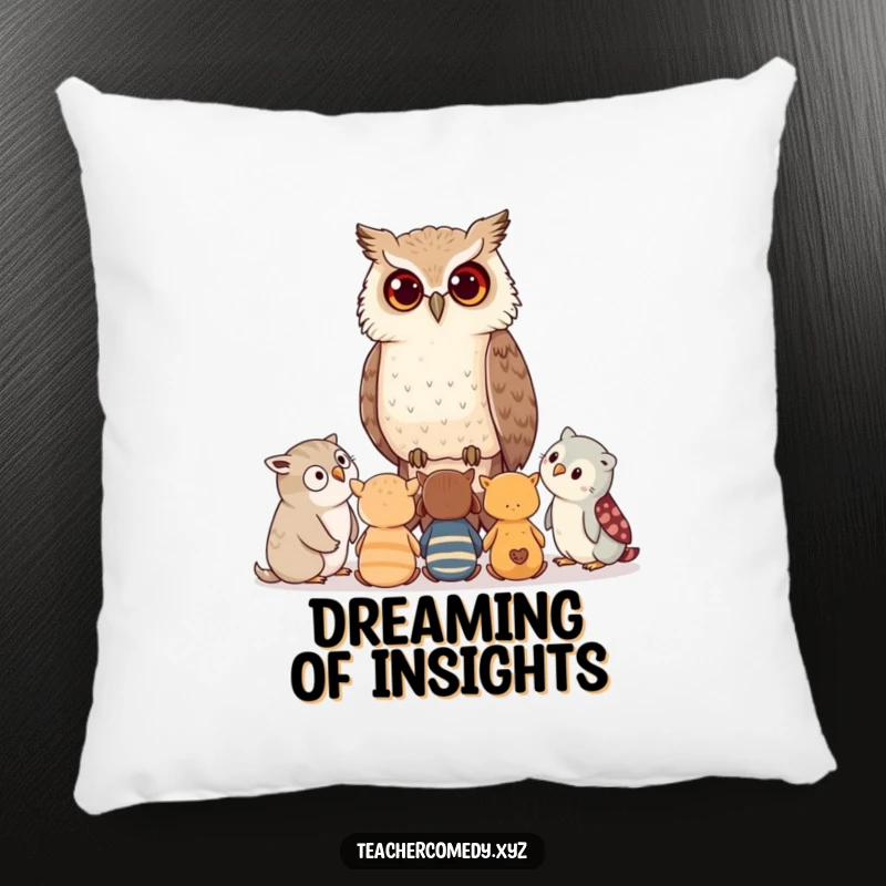 Funny pillow featuring a wise owl whispering advice to young animals, providing comfort and symbolic guidance for restful sleep.